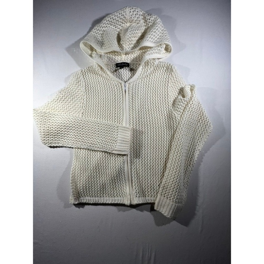 Urban Heritage Open Knit Crochet Mesh Zip-Up Hoodie Cream Ivory - Women's M
